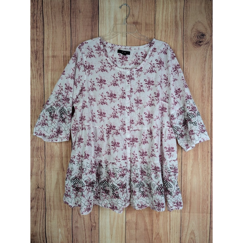 Ellos Womens Top Size Large Floral Button Front 3/4 Sleeve‎ Cotton